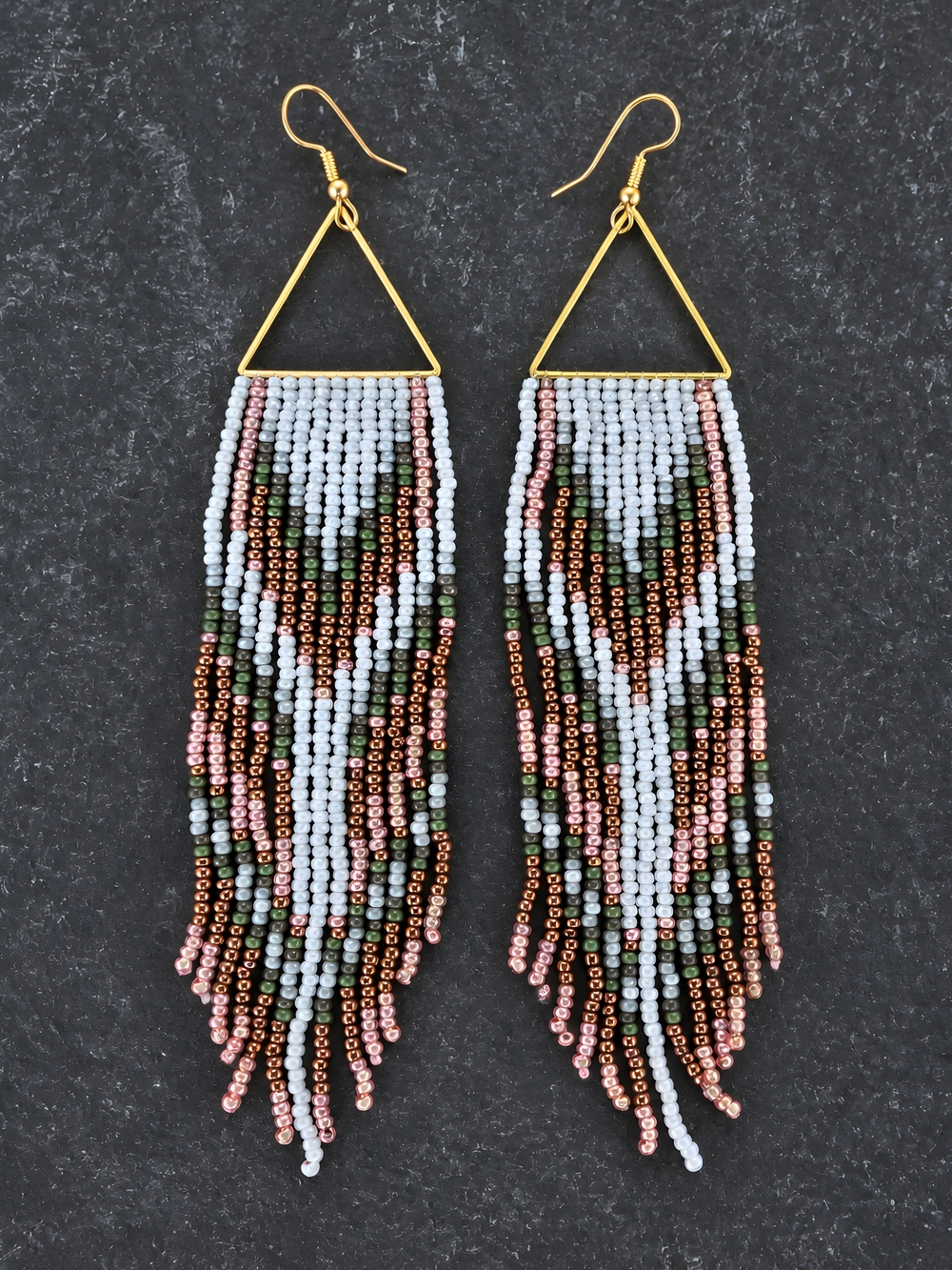 Pink Western Geo Boho Fringe Seed Beads Earrings Handmade Beaded Jewelry